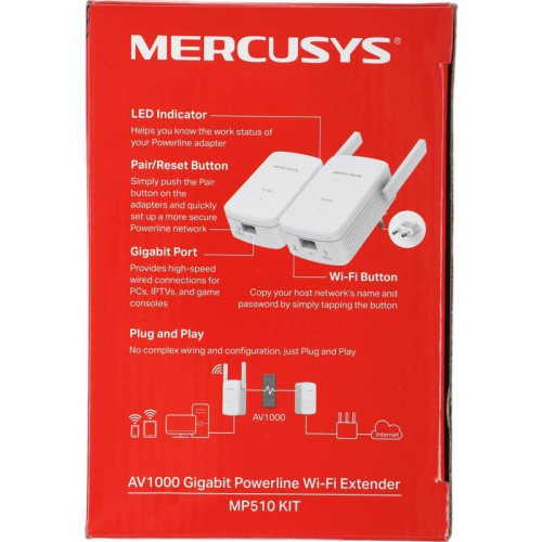 Сетевой адаптер Powerline Mercusys MP510 KIT AV1000 Gigabit Ethernet (ант.внеш.несъем.) 2ант. (упак.:2шт) Сетевой адаптер Powerline Mercusys MP510 KIT AV1000 Gigabit Ethernet (ант.внеш.несъем.) 2ант. (упак.:2шт)