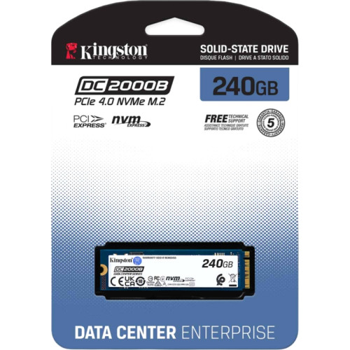 Твердотельный накопитель/ Kingston SSD DC2000B 240GB, M.2 22x80mm, NVMe, PCIe Gen 4x4, 3D TLC, R/W 4500/400MB/s, IOPs 260 000/18 000, TBW 175, DWPD 0.4 No Heatsink) (12 мес)