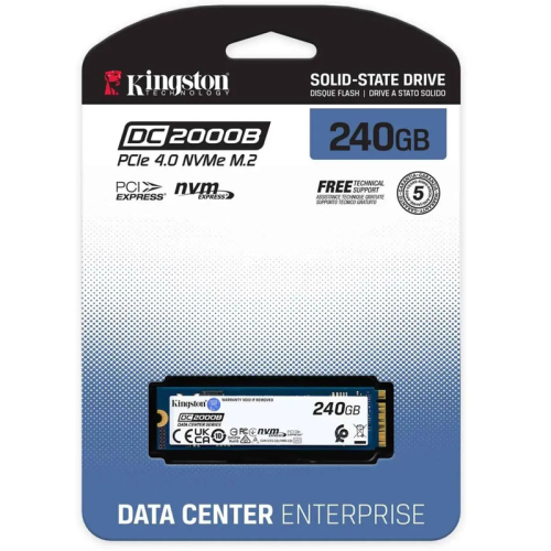 Твердотельный накопитель/ Kingston SSD DC2000B 240GB, M.2 22x80mm, NVMe, PCIe Gen 4x4, 3D TLC, R/W 4500/400MB/s, IOPs 260 000/18 000, TBW 175, DWPD 0.4 (12 мес)