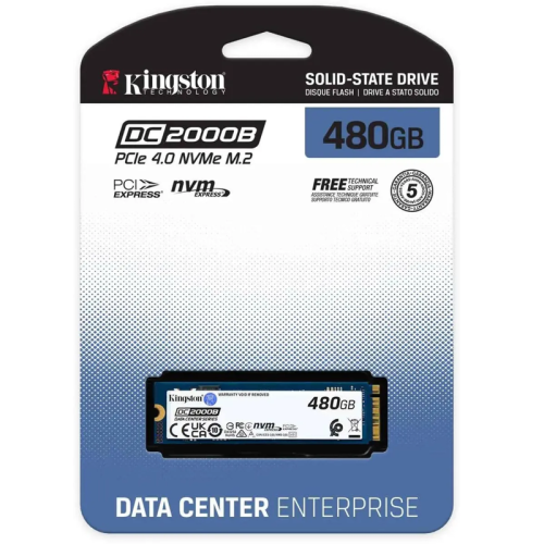 Твердотельный накопитель/ Kingston SSD DC2000B 480GB, M.2 22x80mm, NVMe, PCIe Gen 4x4, 3D TLC, R/W 7000/800MB/s, IOPs 530 000/32 000, TBW 350, DWPD 0.4 (12 мес)