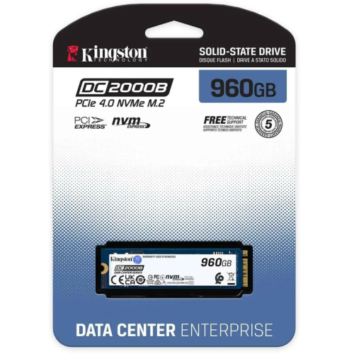 Твердотельный накопитель/ Kingston SSD DC2000B 960GB, M.2 22x80mm, NVMe, PCIe Gen 4x4, 3D TLC, R/W 7000/1300MB/s, IOPs 540 000/47 000, TBW 700, DWPD 0.4 (12 мес)