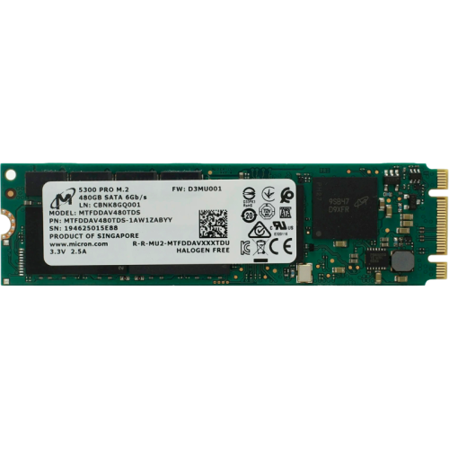 Твердотельный накопитель/ Micron SSD 5300 PRO, 480GB, M.2(22x80mm), SATA3, 3D TLC, R/W 540/410MB/s, IOPs 85 000/36 000, TBW 1324, DWPD 1.5 (12 мес.)
