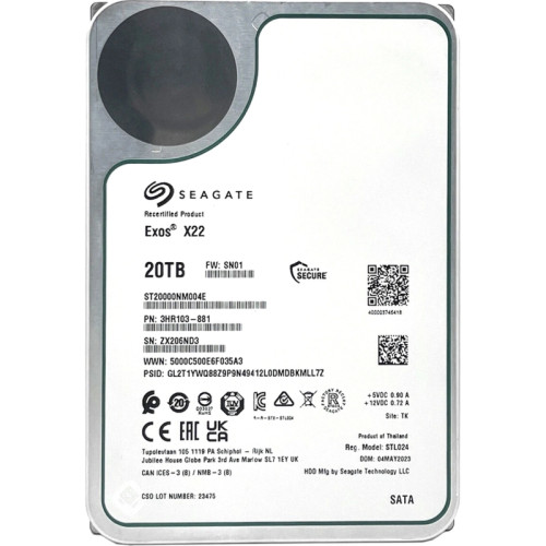 Жесткий диск/ HDD Seagate SATA3 20Tb Exos X20 7200 RPM 512Mb OFFICIAL RECERTIFIED 1 year warranty (replacement ST20000NM007D, ST20000NM002H)