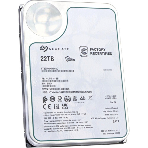 Жесткий диск/ HDD Seagate SATA3 22Tb Exos X22 7200 512Mb OFFICIAL RECERTIFIED 1 year warranty Жесткий диск/ HDD Seagate SATA3 22Tb Exos X22 7200 512Mb OFFICIAL RECERTIFIED 1 year warranty