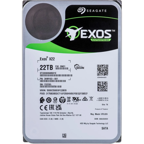 Жесткий диск/ RECERTIFIED HDD Seagate SATA3 22Tb Exos X22 7200 512Mb  1 year warranty (replacement ST20000NM002H, ST20000NM007D, ST18000NM000J, ST18000NM003D, ST16000NM000J, ST16000NM001G) RECERTIFIED