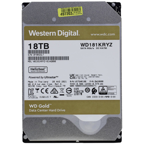 Жесткий диск WD SATA-III 18TB WD181KRYZ Server Gold 512E (7200rpm) 512Mb 3.5 Жесткий диск WD SATA-III 18TB WD181KRYZ Server Gold 512E (7200rpm) 512Mb 3.5