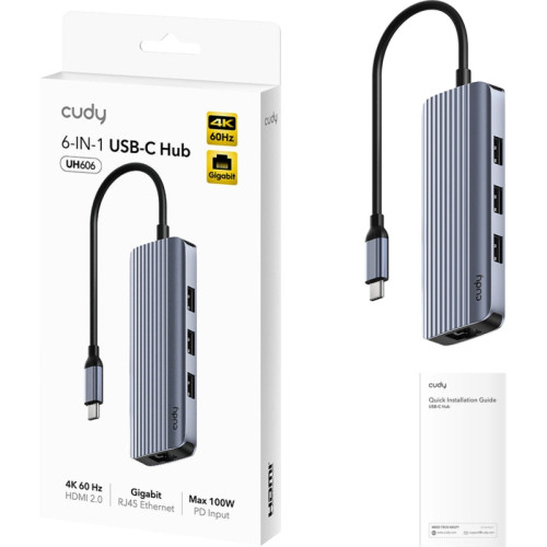 Концентратор USB/ 6-IN-1 USB Hub, Aluminium housing,1 USB-C 3.0 5Gbps male connecter with 25cm cable, 1x 4K@60Hz HDMI Port, 1 Gigabit Ethernet port, 3 USB-A 3.0 5Gbps Port, 1 USB-C power input Ports(5V/2A max),  compatible with MacBook, Mac Pro, Mac mini,