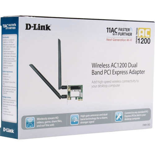 Адаптер/ DWA-582/RU/10/B AC1200 Wi-Fi PCI Express Adapter, 2x2dBi detachable antennas, 10pcs/pack