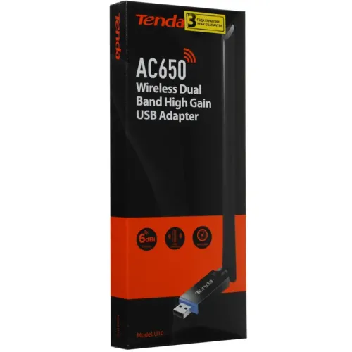 Адаптер Wi-Fi/ Tenda U10 Двухдиапазонный Wi-Fi адаптер, 2,4/5 ГГц, до 633 Мбит/с, передатчик 20 dBm, подключение USB, 1х6dBi внешняя антенна