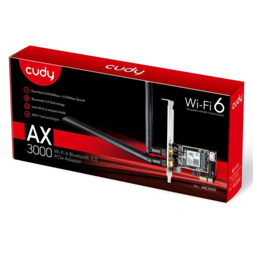 Адаптер беспроводной связи (Wi-Fi) CUDY AX3000 Wi-Fi 6 PCI Express Adapter 3000Mbps Wi-Fi 6 / Bluetooth 5.0 PCI Express Adapter, Intel AX200 module, 2T2R, 2402Mbps at 5GHz + 574Mbps at 2.4GHz, 802.11ax/ac/a/b/g/n, 2 detachable antennas, Ver 1.0