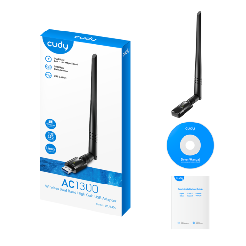 Адаптер Wi-Fi/ 1300Mbps High Gain Wi-Fi USB 3.0 Adapter, 802.11ac/a/b/g/n, 867Mbps at 5GHz + 400Mbps at 2.4GHz, 1 high gain detachable antenna, USB 3.0