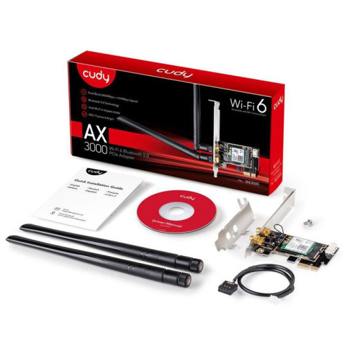 Адаптер беспроводной связи (Wi-Fi) CUDY AX3000 Wi-Fi 6 PCI Express Adapter 3000Mbps Wi-Fi 6 / Bluetooth 5.0 PCI Express Adapter, Intel AX200 module, 2T2R, 2402Mbps at 5GHz + 574Mbps at 2.4GHz, 802.11ax/ac/a/b/g/n, 2 detachable antennas, Ver 1.0