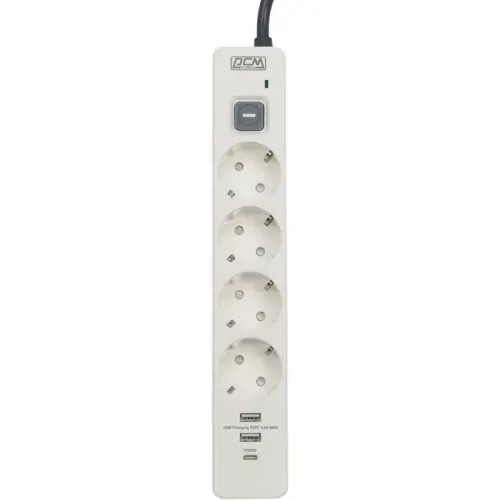 Сетевой фильтр-удлинитель/ PowerCom SP-01 USB2A1CW 3.0M, 4 розетки, белый, 16А, 4кВт, 380Дж, защитные шторки, защита от КЗ, перегрузки, ВЧ и импульсных помех, один порт USB-C(PD20W) и два USB-A(QC3.0) суммарной мощностью 24Вт, кабель 3x1.5 мм2, ШхГхВ 281х