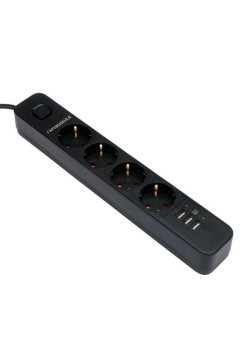 Сетевой фильтр Гарнизон EPS-4-U3-B-2 черный, 4 розетки 220В, 10А, 3 розетки USB-A 5В, кабель 2м, ур.защиты 2+, пакет