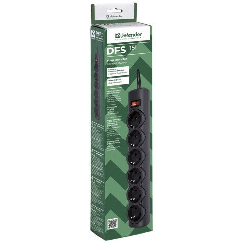 Сетевой фильтр Defender DFS 151 1,8 м, черный, 6 розеток/ Surge Protector Defender DFS 151 1,8m, black, 6 outlets Сетевой фильтр Defender DFS 151 1,8 м, черный, 6 розеток/ Surge Protector Defender DFS 151 1,8m, black, 6 outlets
