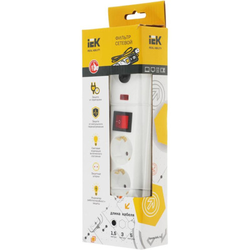 Сетевой фильтр IEK СФ-03К 1.5м (3 розетки) белый (коробка)