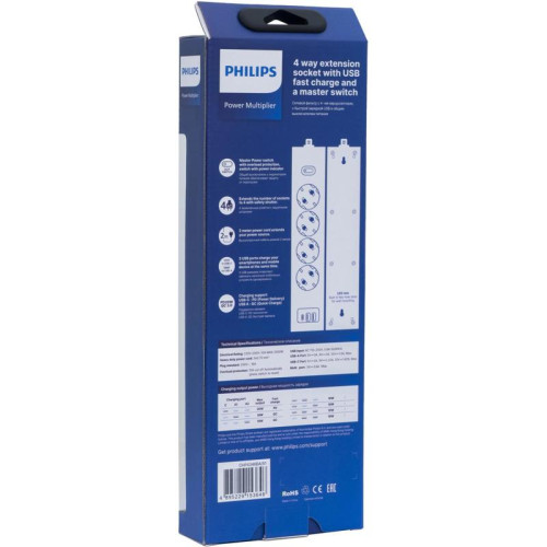 Сетевой фильтр Philips CHP4346BA/51 2м (4 розетки) черный (коробка)