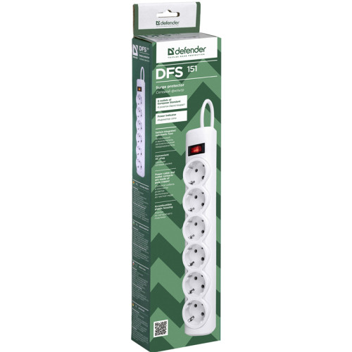 Сетевой фильтр Defender DFS 151 1,8 м, белый, 6 розеток/ Surge Protector Defender DFS 151 1,8m, white, 6 outlets