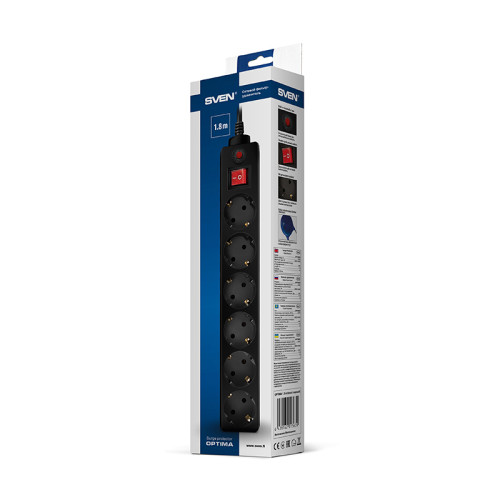 Фильтр SVEN Optima 3 м (6 розеток) черный, цветная коробка/ Surge Protector  SVEN Optima 3 m (6 outlets) black, color box