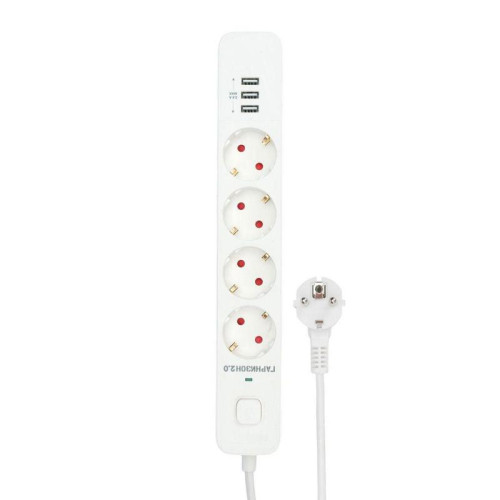 Сетевой фильтр Гарнизон EPS-4-U3-W-2 белый, 4 розетки 220В, 10А, 3 розетки USB-A 5В, кабель 2м, ур.защиты 2+, пакет