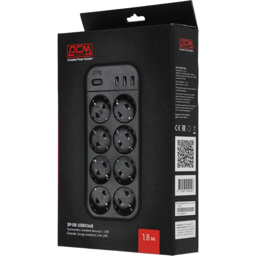 Сетевой фильтр Powercom SP-08 USB03AB 1.8м 1.8м (8 розеток) черный (коробка)