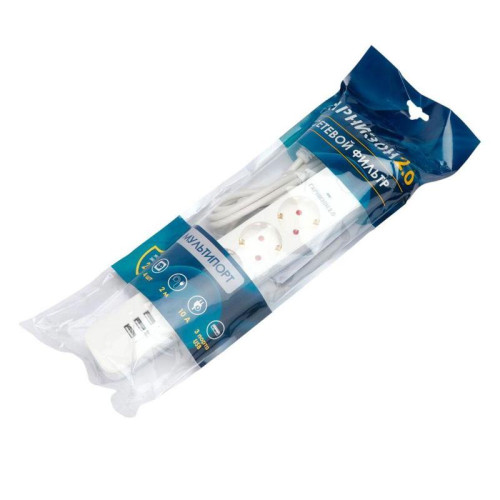 Сетевой фильтр Гарнизон EPS-4-U3-W-2 белый, 4 розетки 220В, 10А, 3 розетки USB-A 5В, кабель 2м, ур.защиты 2+, пакет