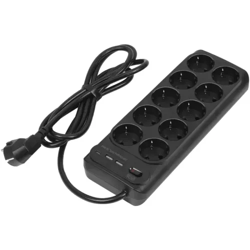 Сетевой фильтр-удлинитель/ PowerCom SP-10 USB2A1CB 1.8M, 10 розеток, черный, 16А, 4кВт, 204Дж, защитные шторки, защита от КЗ, перегрузки и импульсных помех, один порт USB-C(PD20W) и два USB-A(QC3.0) суммарной мощностью 15Вт, кабель 3x1 мм2, ШхГхВ 268х105х