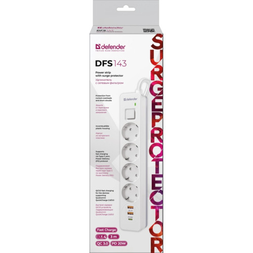 Сетевой фильтр Defender DFS 143 2м (4 розетки) белый (коробка)