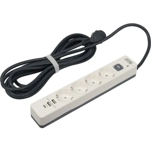 Сетевой фильтр-удлинитель/ PowerCom SP-01 USB2A1CW 3.0M, 4 розетки, белый, 16А, 4кВт, 380Дж, защитные шторки, защита от КЗ, перегрузки, ВЧ и импульсных помех, один порт USB-C(PD20W) и два USB-A(QC3.0) суммарной мощностью 24Вт, кабель 3x1.5 мм2, ШхГхВ 281х