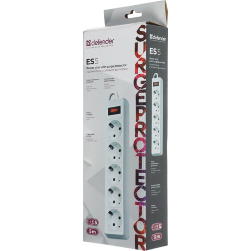 Сетевой фильтр Defender ES 5 5 м, белый, 5 розеток/ Surge Protector Defender ES 5 5m, white, 5 outlets