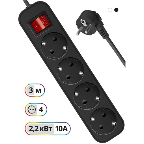 Сетевой удлинитель Defender G430 3м (4 розетки) черный (коробка)