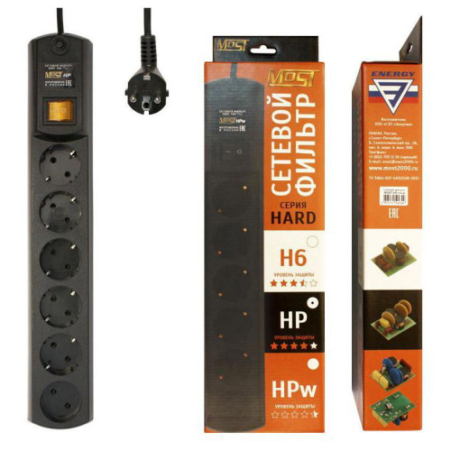 Сетевой фильтр Most HP 2м (6 розеток) черный (коробка)
