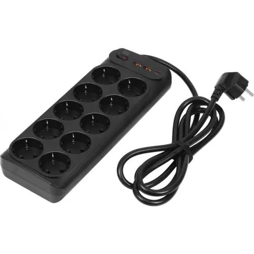 Сетевой фильтр-удлинитель/ PowerCom SP-10 USB2A1CB 1.8M, 10 розеток, черный, 16А, 4кВт, 204Дж, защитные шторки, защита от КЗ, перегрузки и импульсных помех, один порт USB-C(PD20W) и два USB-A(QC3.0) суммарной мощностью 15Вт, кабель 3x1 мм2, ШхГхВ 268х105х