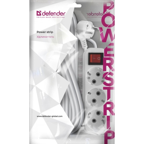 Сетевой удлинитель Defender L330 10м (3 розетки) белый (пакет ПЭ)