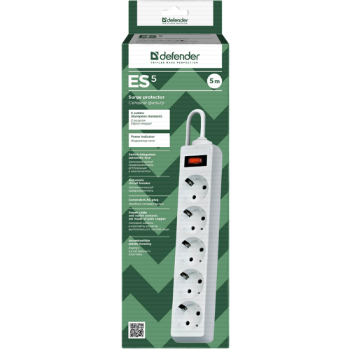 Сетевой фильтр Defender ES 5 5 м, белый, 5 розеток/ Surge Protector Defender ES 5 5m, white, 5 outlets