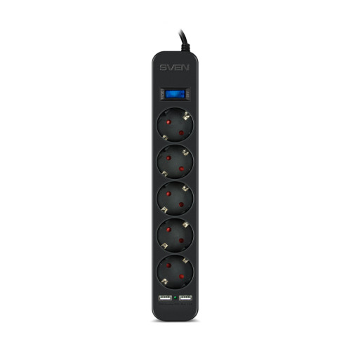 Фильтр SVEN SF-05LU 1,8 м (5 евро розеток,2*USB(2,4А)) черный, цветная коробка/ Surge protector SVEN SF-05LU 1,8 м (5 евро розеток,2*USB(2,4А)) черный, цветная коробка