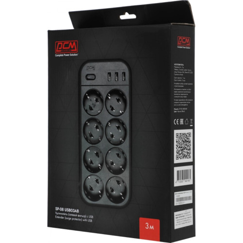 Сетевой фильтр Powercom SP-08 USB03AB 3,0М 3м (8 розеток) черный (коробка) Сетевой фильтр Powercom SP-08 USB03AB 3,0М 3м (8 розеток) черный (коробка)