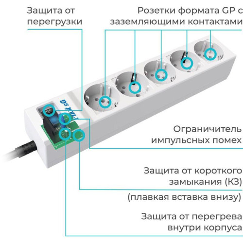 Сетевой фильтр Pilot SG 5м (5 розеток) белый (коробка)