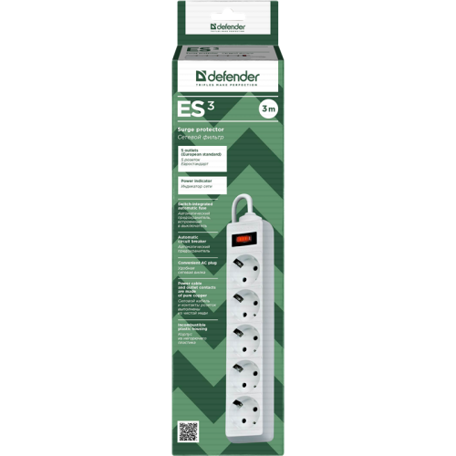 Сетевой фильтр Defender ES 3 3 м, белый, 5 розеток/ Surge Protector Defender ES 3 3m, white, 5 outlets