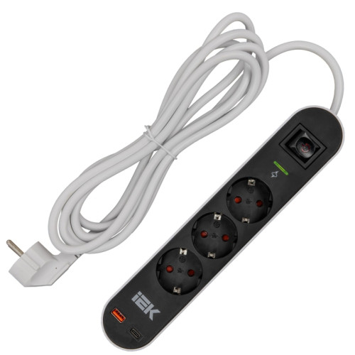 Фильтр сетевой/ Фильтр сетевой СФ-03К 16А USB A+C 20Вт 3м 3х1,5мм2 черный