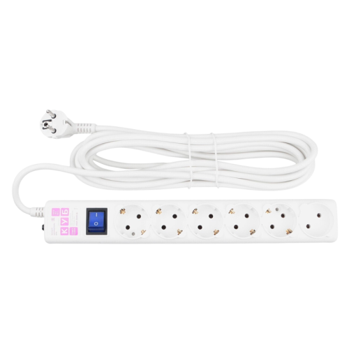 Фильтр-удлинитель Power Cube 5,0 м  6 розеток (5 евро + 1 б/заземления), кабель 3*1.5мм (белый) 16А/3,5кВт/ Power Cube Extension Filter 5.0 m 6 sockets (5 euro + 1 w/o grounding), cable 3*1.5 mm (white) 16A/3.5 kW