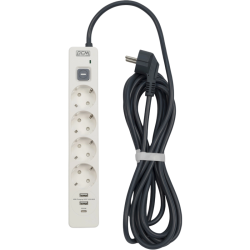 Сетевой фильтр-удлинитель/ PowerCom SP-01 USB2A1CW 3.0M, 4 розетки, белый, 16А, 4кВт, 380Дж, защитные шторки, защита от КЗ, перегрузки, ВЧ и импульсных помех, один порт USB-C(PD20W) и два USB-A(QC3.0) суммарной мощностью 24Вт, кабель 3x1.5 мм2, ШхГхВ 281х