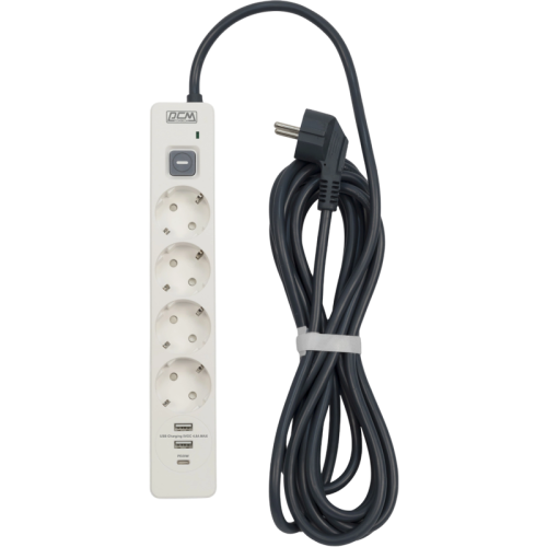 Сетевой фильтр-удлинитель/ PowerCom SP-01 USB2A1CW 3.0M, 4 розетки, белый, 16А, 4кВт, 380Дж, защитные шторки, защита от КЗ, перегрузки, ВЧ и импульсных помех, один порт USB-C(PD20W) и два USB-A(QC3.0) суммарной мощностью 24Вт, кабель 3x1.5 мм2, ШхГхВ 281х