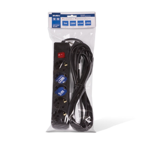 Фильтр  SVEN   Optima Base 5,0 м (5 розеток) черны/ Surge Protector SVEN Optima Base 5,0 m (5 sockets) Black