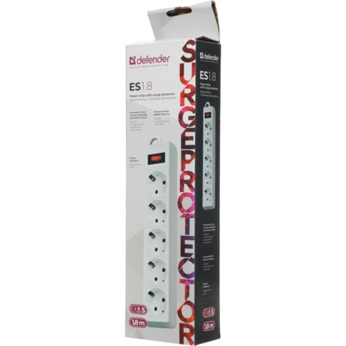 Сетевой фильтр Defender ES 1.8 1,8 м, белый, 5 розеток/ Surge Protector Defender ES 1.8 1,8m, white, 5 outlets