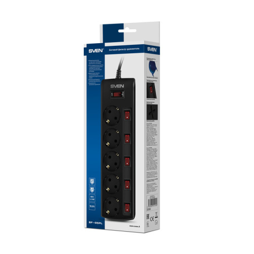 Фильтр SVEN SF-05PL с индивидуальными выключателями 3,0 м (5 розеток) черный