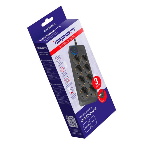 Сетевой фильтр Ippon BK-8-EU-3-16-B 3м (8 розеток) черный (коробка)