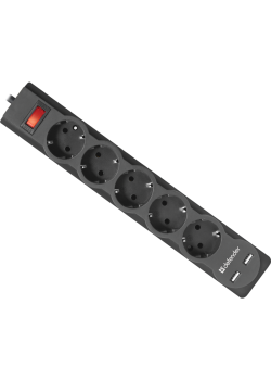 Сетевой фильтр Defender DFS 751 1,8 м, 5 розеток, 2xUSB, 2.1A
