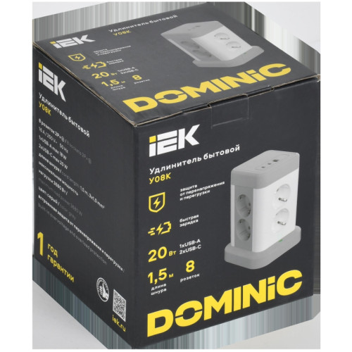 Удлинитель/ DOMINIC Удлинитель У08K 8 мест 2P+PE 1,5м 3х1,0мм2 16А/250В USB A+C 20Вт серый IEK Удлинитель/ DOMINIC Удлинитель У08K 8 мест 2P+PE 1,5м 3х1,0мм2 16А/250В USB A+C 20Вт серый IEK