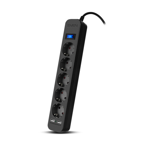 Фильтр SVEN SF-05LU 3.0 м (5 евро розеток,2*USB(2,4А)) черный, цветная коробка/ Surge protector SVEN SF-05LU 3.0 м (5 евро розеток,2*USB(2,4А)) черный, цветная коробка